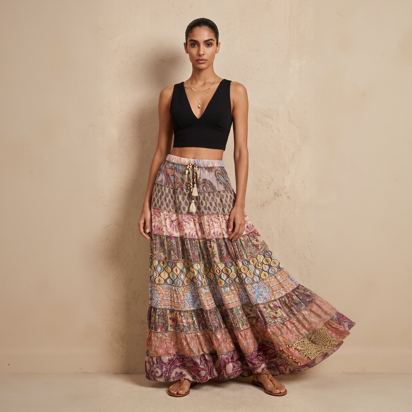 Patchwork Silk Ruffle Skirt| Chocolate