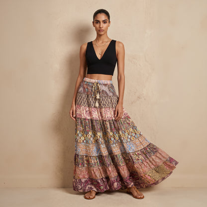 Patchwork Silk Ruffle Skirt| Chocolate