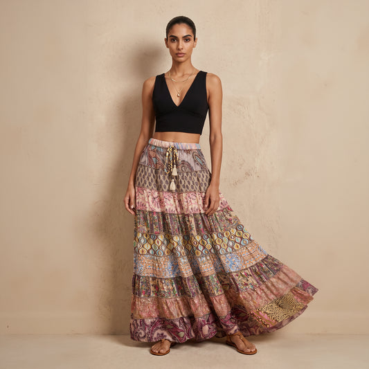 Patchwork Silk Ruffle Skirt| Chocolate