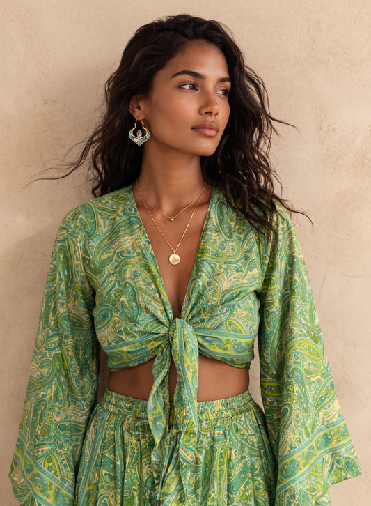 Kira Silk Cropped Top & Palazzo| Tropical Green