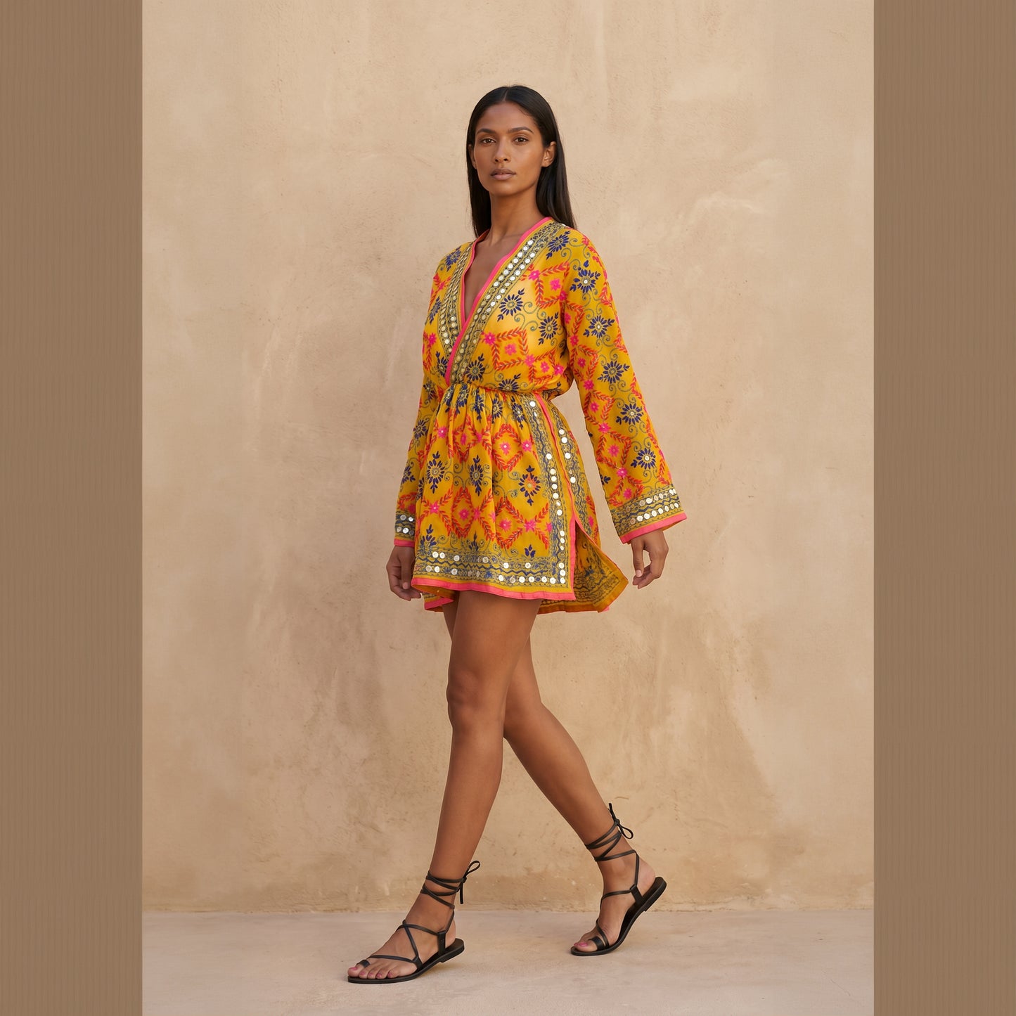 Calliope Hand Embroidered Dress in Yellow