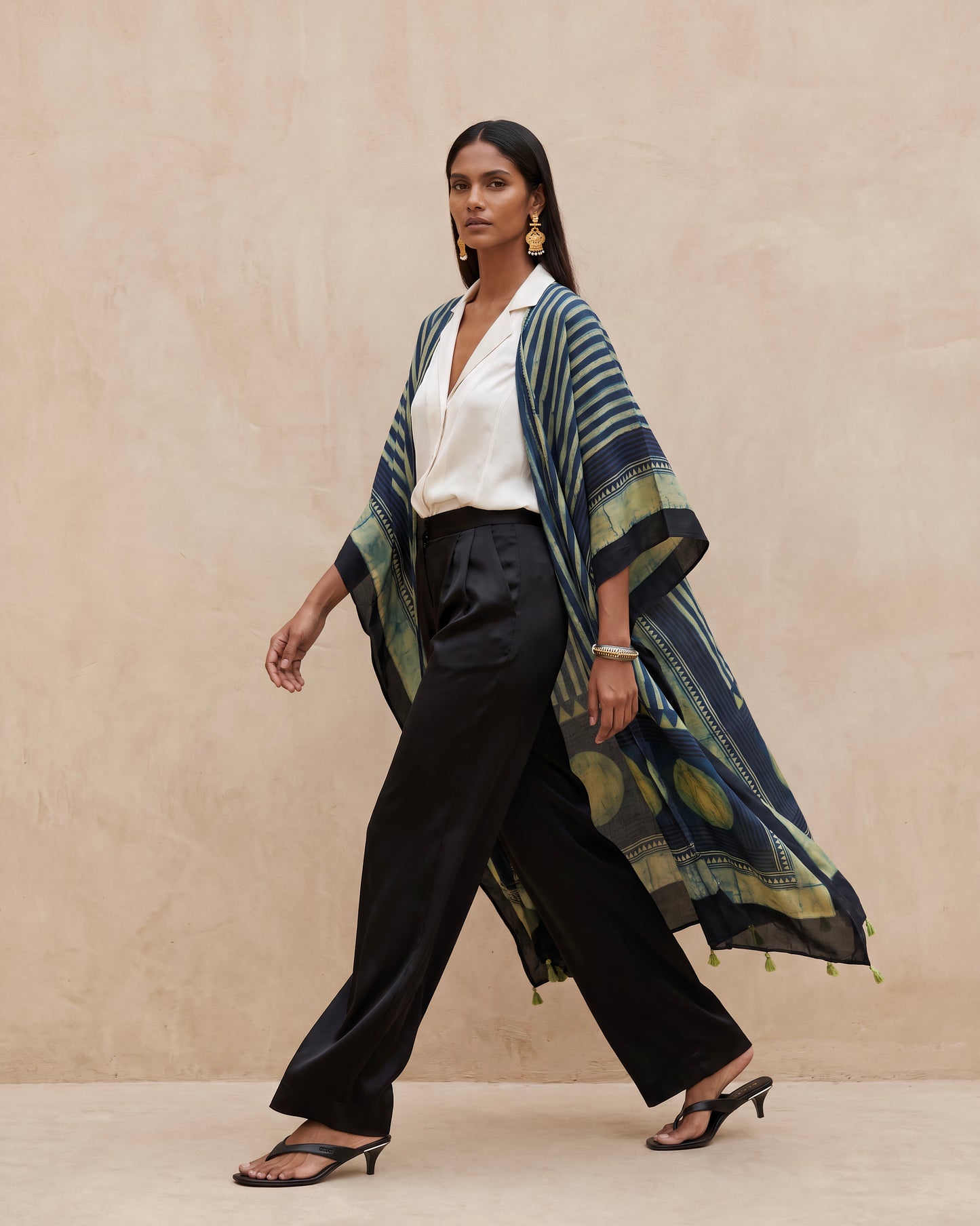 The Ajrakh Midi Silk Duster| Navy Blue Green