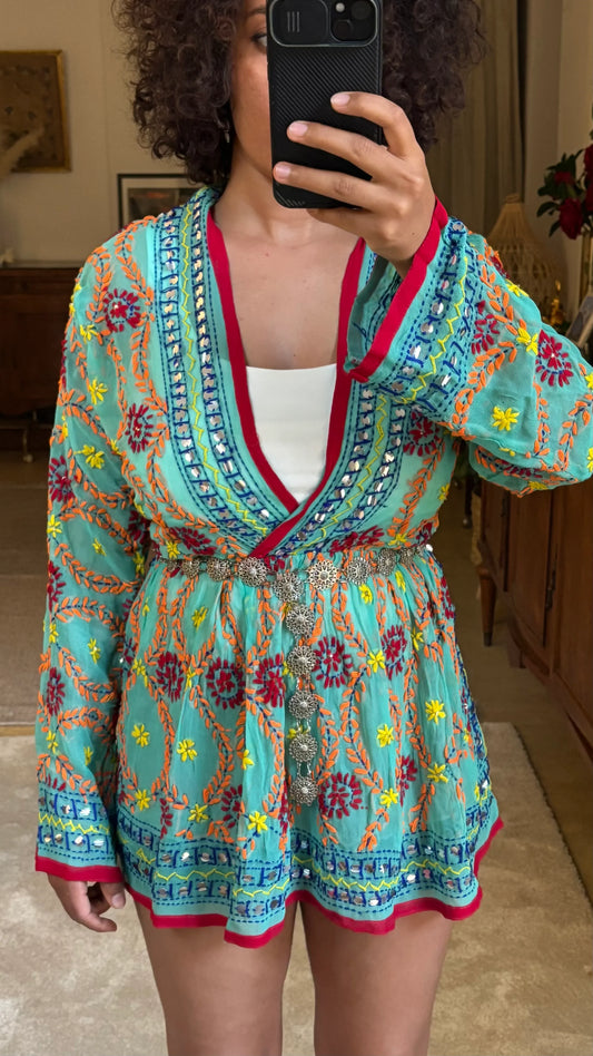 Calliope Hand Embroidered Dress in In Light Green