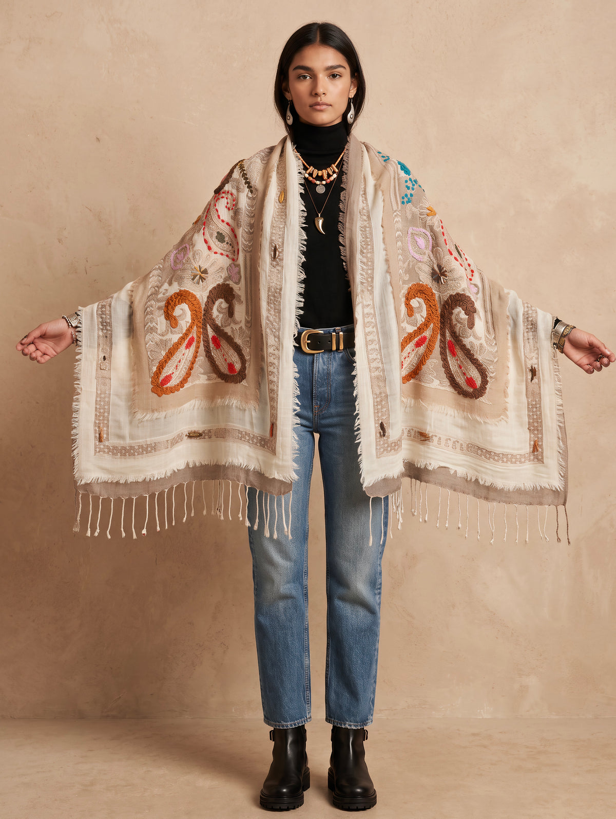 Tanvi Artisan 3 Layers Wool Scarf| Caffe Latte