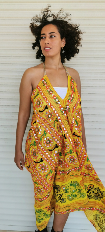 Kishori Mirror Embroidered Backless Dress in Yellow