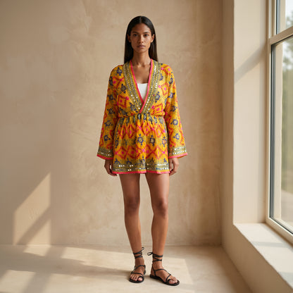 Calliope Hand Embroidered Dress in Yellow