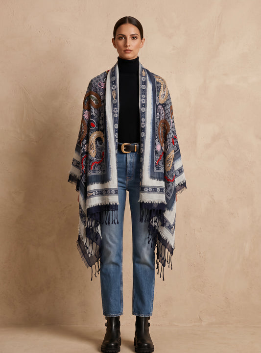 Tanvi Artisan 3 Layers Wool Scarf| Navy Blue