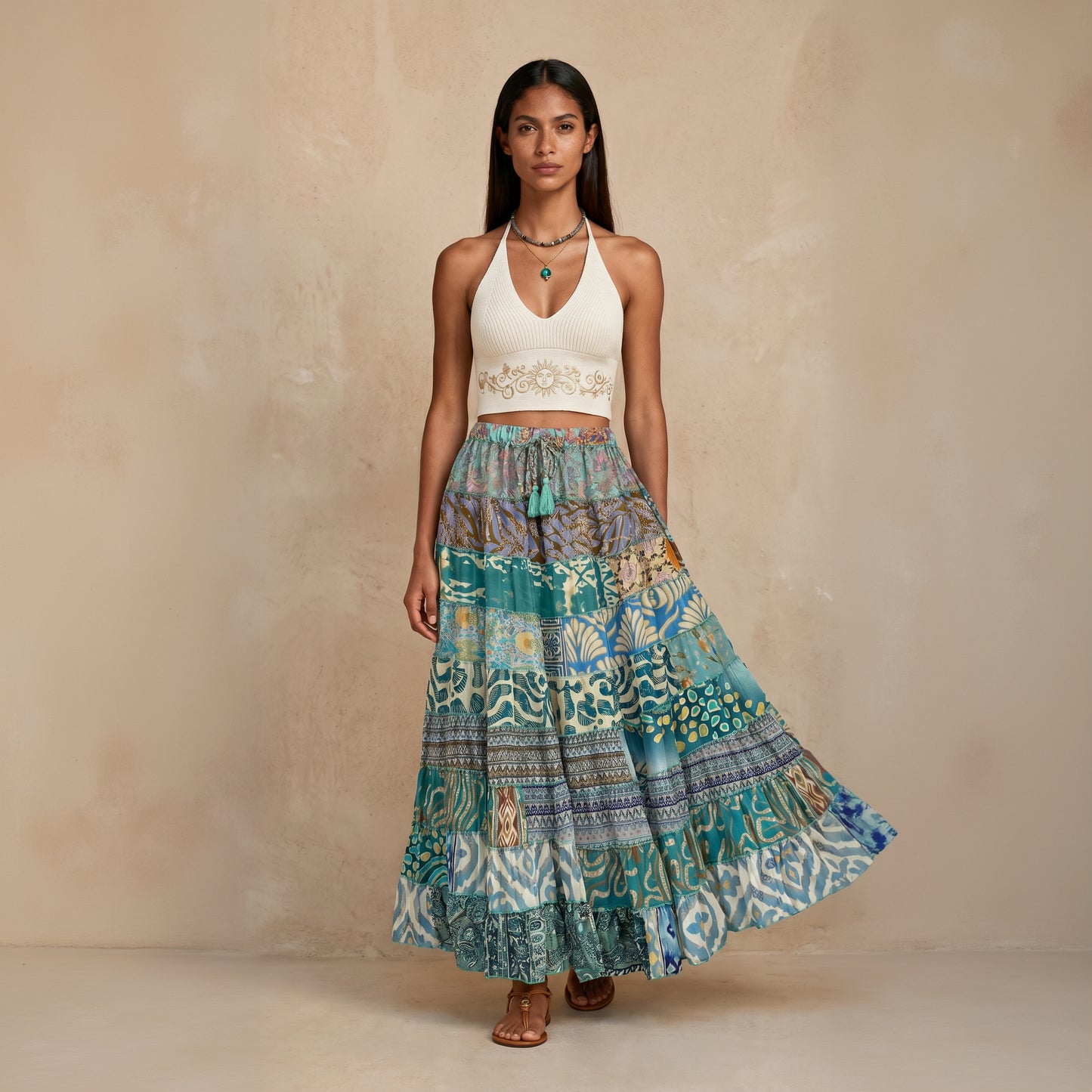 Patchwork Silk Skirt Sea