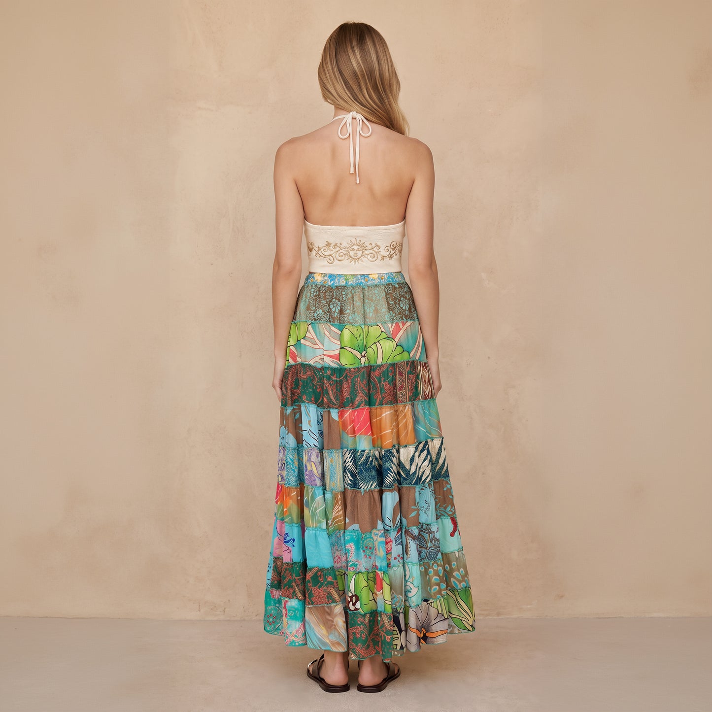 Patchwork Silk Ruffle Skirt|Tropical