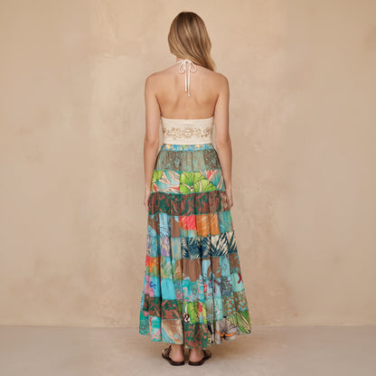 Patchwork Silk Ruffle Skirt|Tropical
