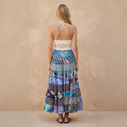 Patchwork Silk Ruffle Skirt| Blue Sky