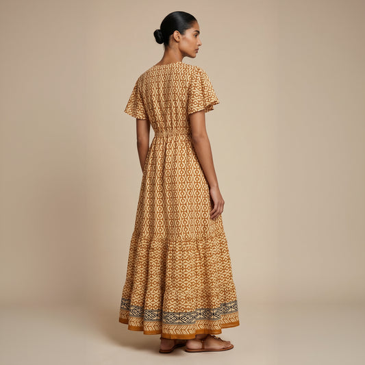 Kaya Block-Print Cotton Dress| Caramel