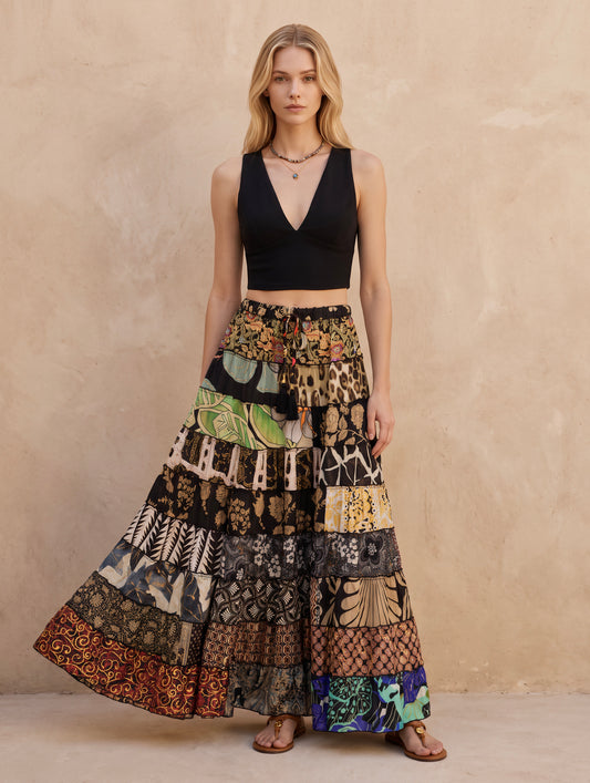 Patchwork Silk Ruffle Skirt| Eden
