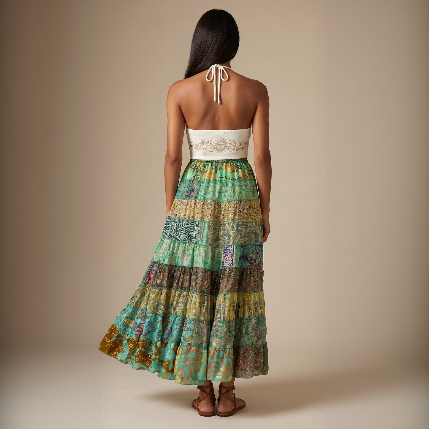 Patchwork Silk Skirt Aqua