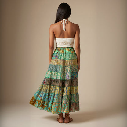 Patchwork Silk Skirt Aqua
