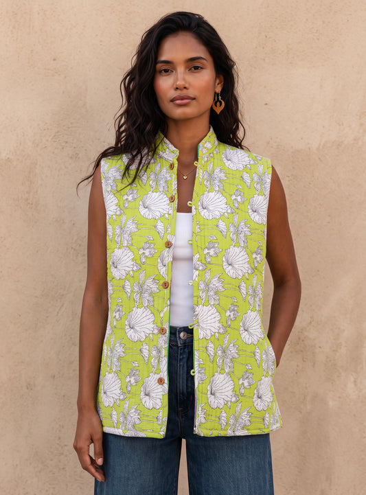 The Reversible Artisan Silk Jacket| lemon Green Back