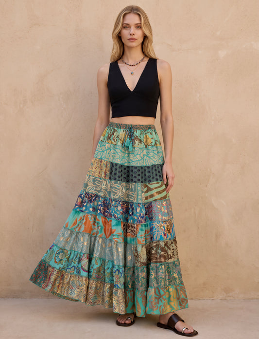 Patchwork Silk Ruffle Skirt| Seaweed