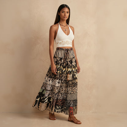 Patchwork Silk Ruffle Skirt| Stripes
