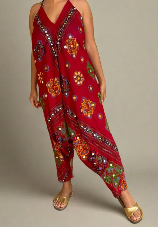 Ajabde Mirror Embroidered Backless Jumpsuit In Red