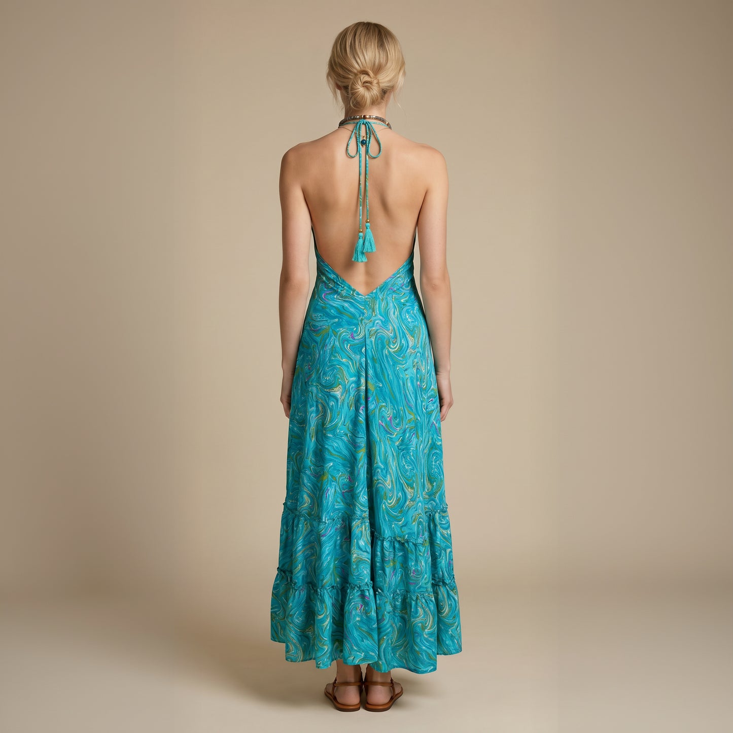 Maya Silk Backless Dress Turquoise