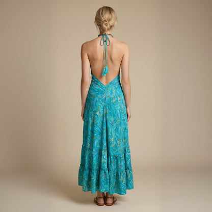 Maya Silk Backless Dress Turquoise