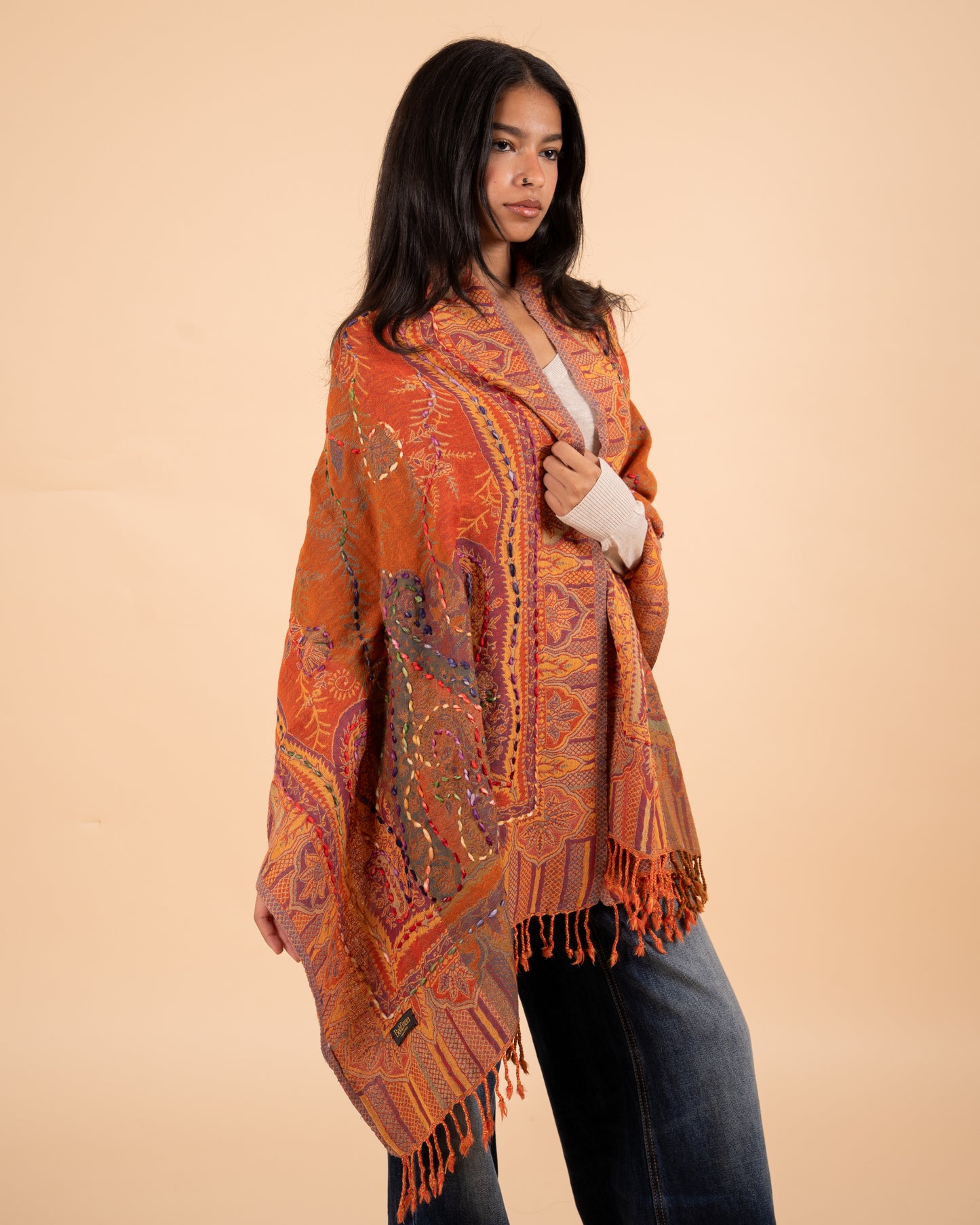 Astarte Woollen Embroidered Scarf: Ember