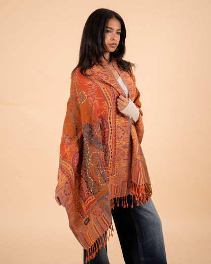 Astarte Woollen Embroidered Scarf: Ember