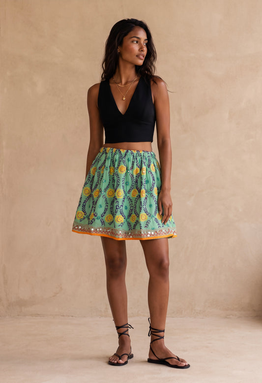 Hand-Embroidered Mini Skirt Mint