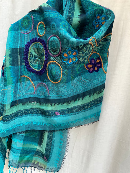 Tanvi Artisan 3 Layers Wool Scarf| Teal Blue