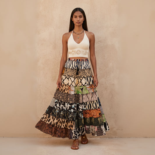 Patchwork Silk Ruffle Skirt| Zepra