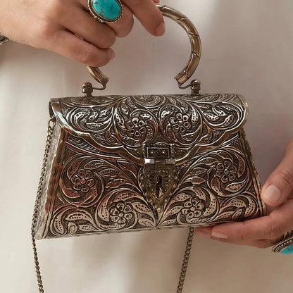 The Antique Metal Engraved Minaudière Clutch