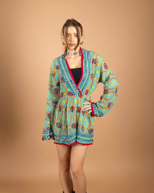 Calliope Hand Embroidered Dress in In Light Green