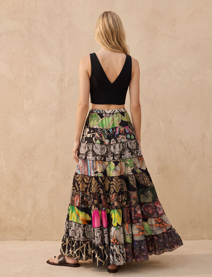 Patchwork Silk Ruffle Skirt| Floral