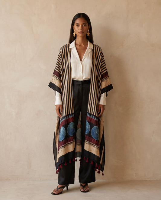 The Ajrakh Midi Silk Duster| Black