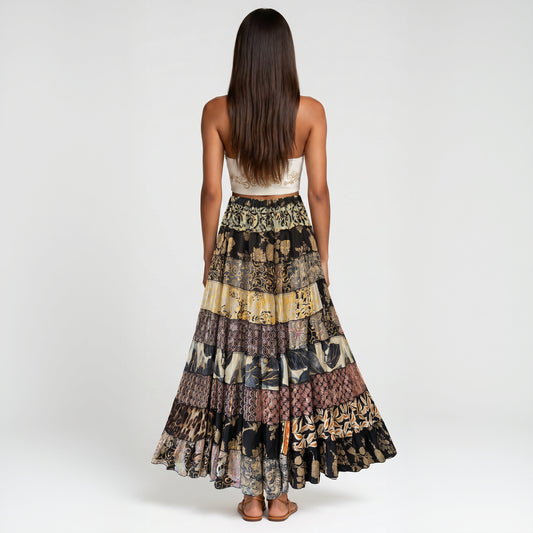 Patchwork Silk Ruffle Skirt| Midnight