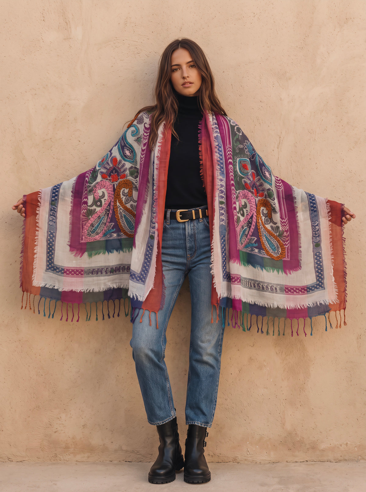 Tanvi Artisan 3 Layers Wool Scarf| Pinky
