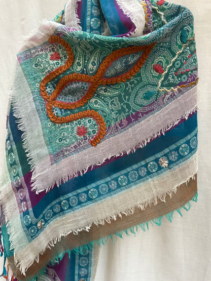 Tanvi Artisan 3 Layers Wool Scarf| Blue Green