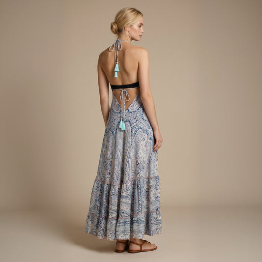 Maya Silk Backless Dress Navy Blue