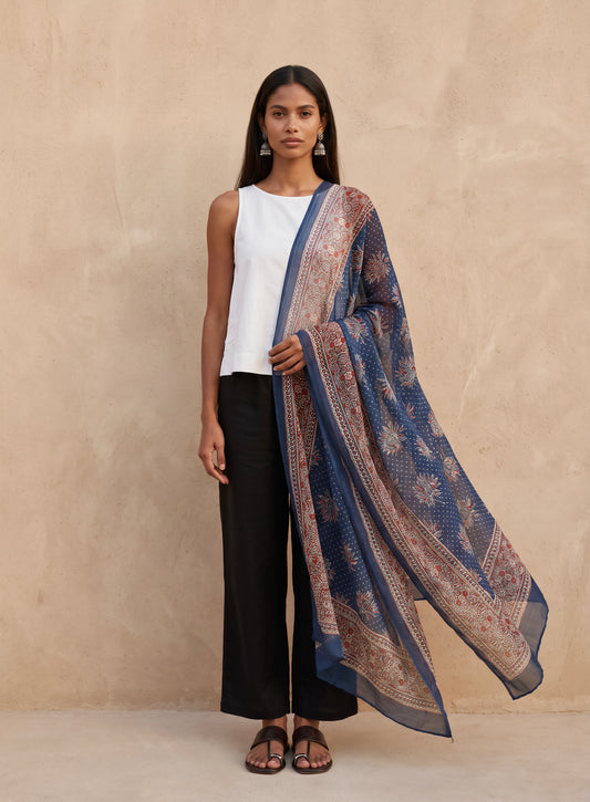 Arya Ajrakh Block Print Cotton Scarf| Navy Blue