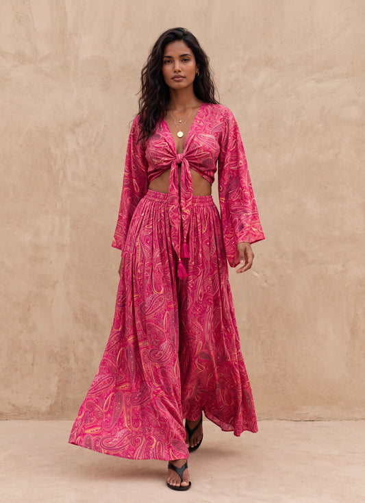 Kira Silk Cropped TOP & palazzo Set| Fuchsia