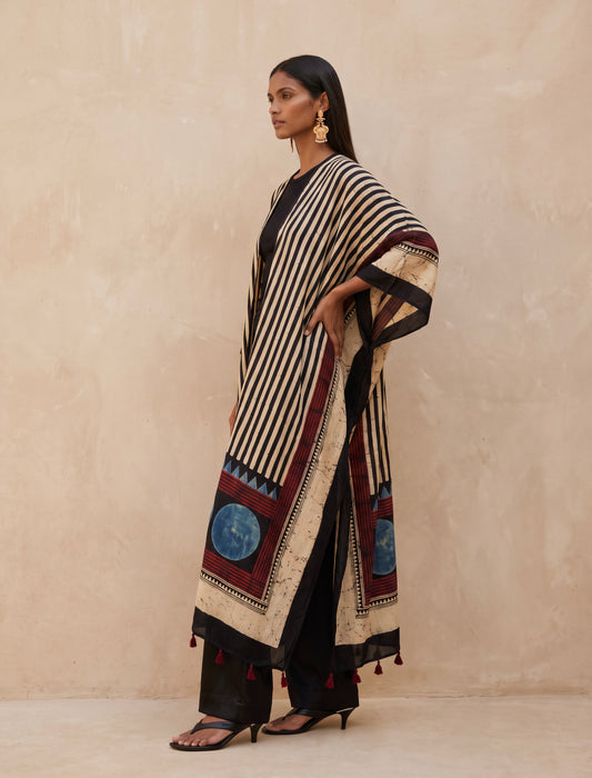 The Ajrakh Midi Silk Duster| Black