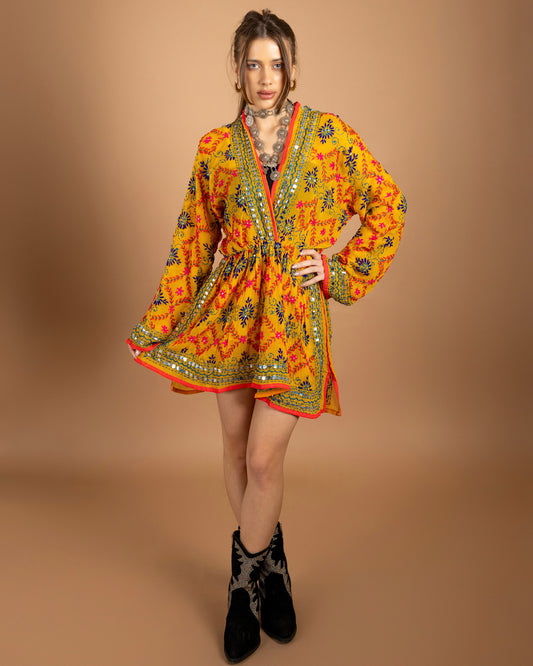 Calliope Hand Embroidered Dress in Yellow