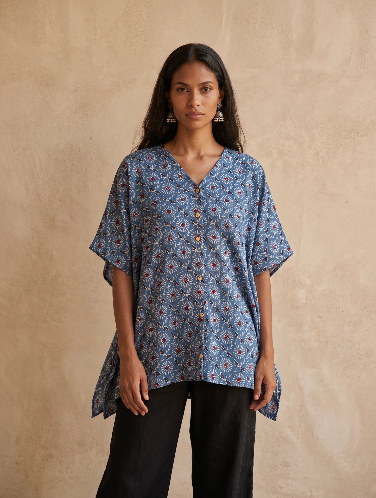 The Ajrakh Silk Kaftan Top| Teal Blue