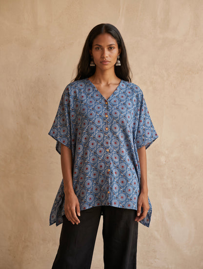 The Ajrakh Silk Kaftan Top| Teal Blue