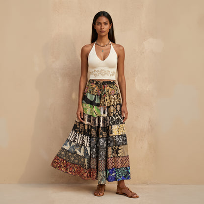 Patchwork Silk Ruffle Skirt| Eden