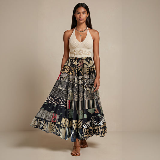 Patchwork Silk Ruffle Skirt| Eclipse