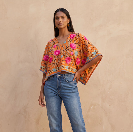 Azmiralda Hand Embroidered Crop Top| Orange