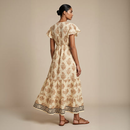 Kaya Block-Print Cotton Dress| Beige