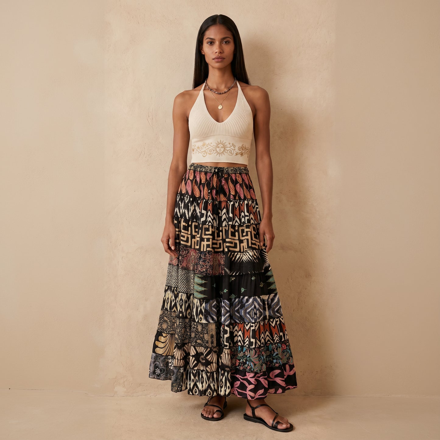 Patchwork Silk Ruffle Skirt| Desert Roses