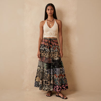 Patchwork Silk Ruffle Skirt| Desert Roses